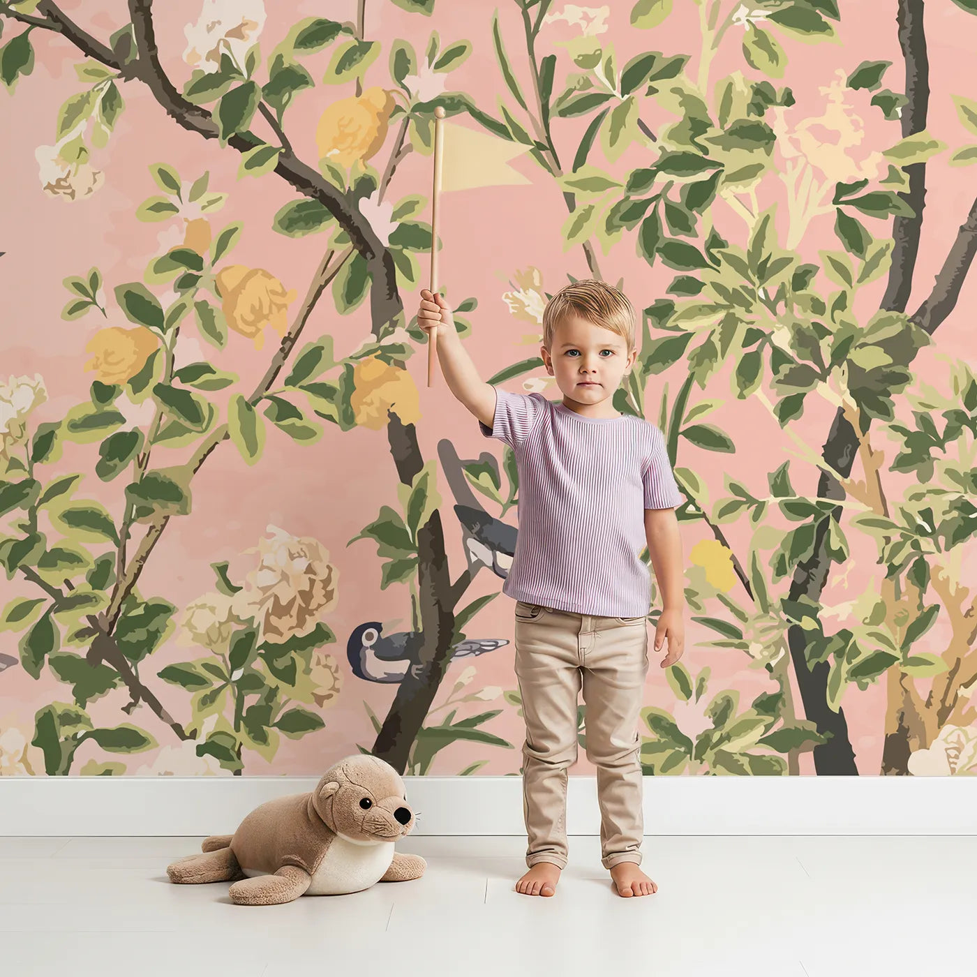 Child in front of Whimsy Tots Pink Chinoiserie Garden Wall Mural with chinoiserie, vintage, floral, flower, bird, tree, pink, classic in design.