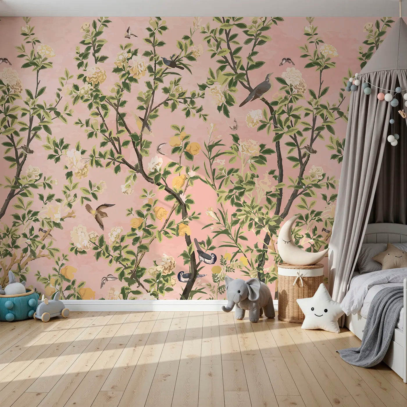 Front view of Whimsy Tots' Pink Chinoiserie Garden Wall Mural
