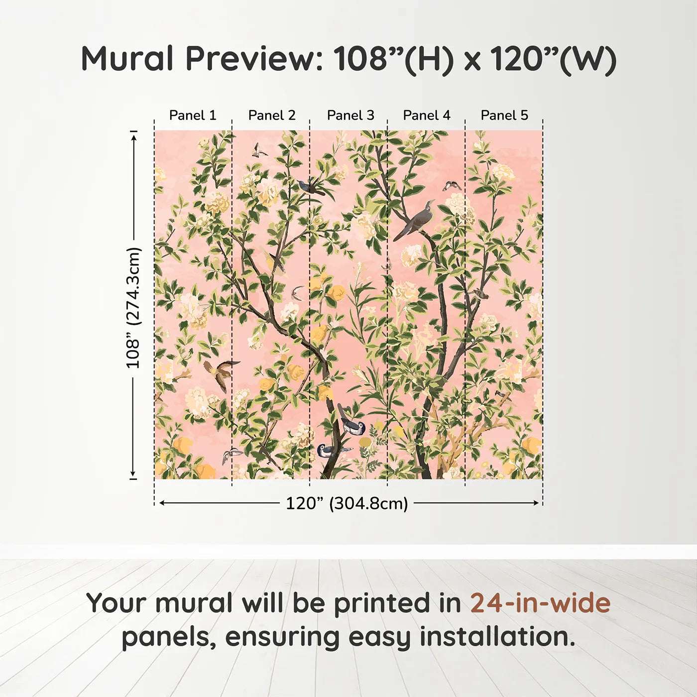 Whimsy Tots Pink Chinoiserie Garden Wall Muraldimension view (108" H x 120" W). Printed in five 24-inch-wide panels. Gender-Neutral