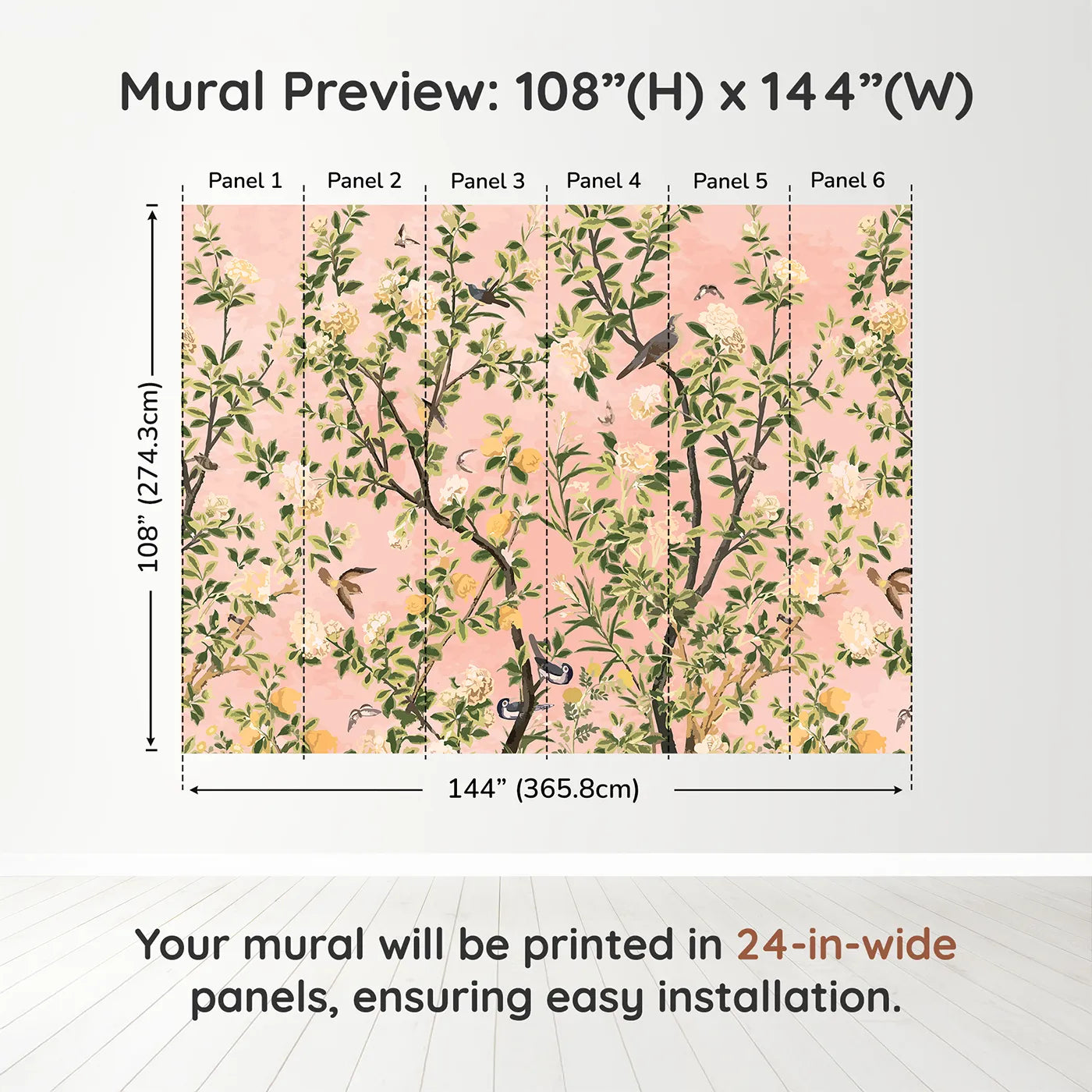 Whimsy Tots Pink Chinoiserie Garden Wall Muraldimension view (108" H x 144" W). Printed in six 24-inch-wide panels. Gender-Neutral