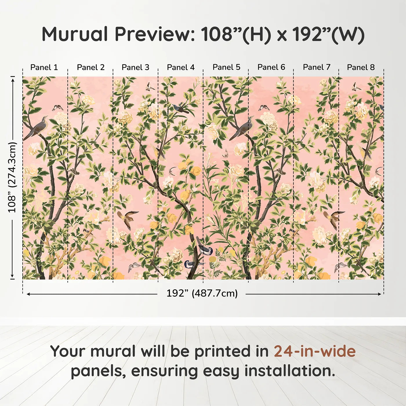 Whimsy Tots Pink Chinoiserie Garden Wall Muraldimension view (108" H x 192" W). Printed in eight 24-inch-wide panels. Gender-Neutral