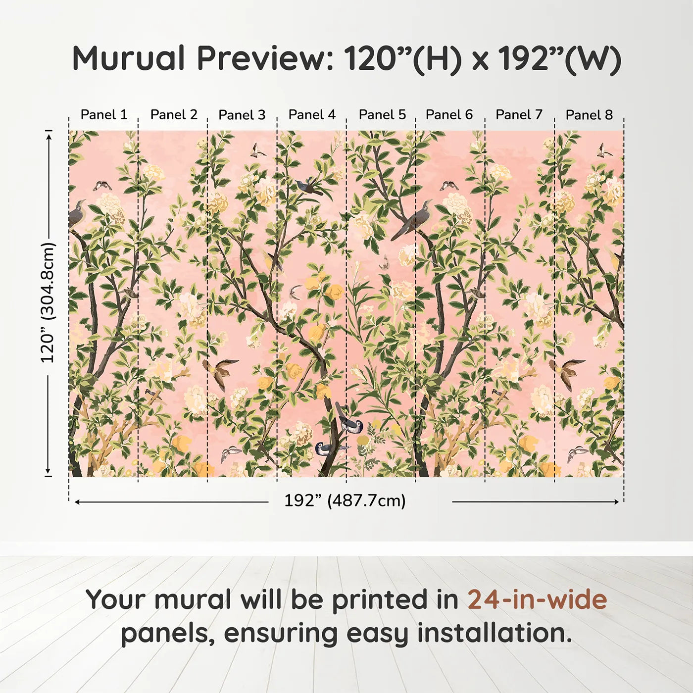 Whimsy Tots Pink Chinoiserie Garden Wall Muraldimension view (120" H x 192" W). Printed in eight 24-inch-wide panels. Gender-Neutral