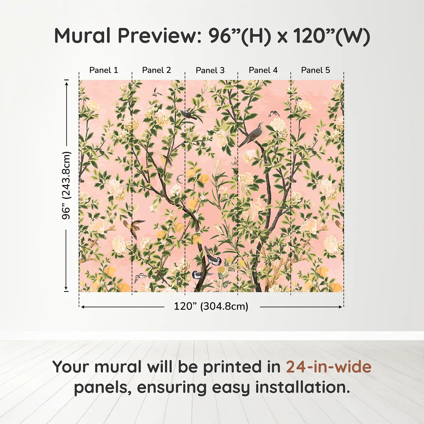Whimsy Tots Pink Chinoiserie Garden Wall Muraldimension view (96" H x 120" W). Printed in five 24-inch-wide panels. Gender-Neutral