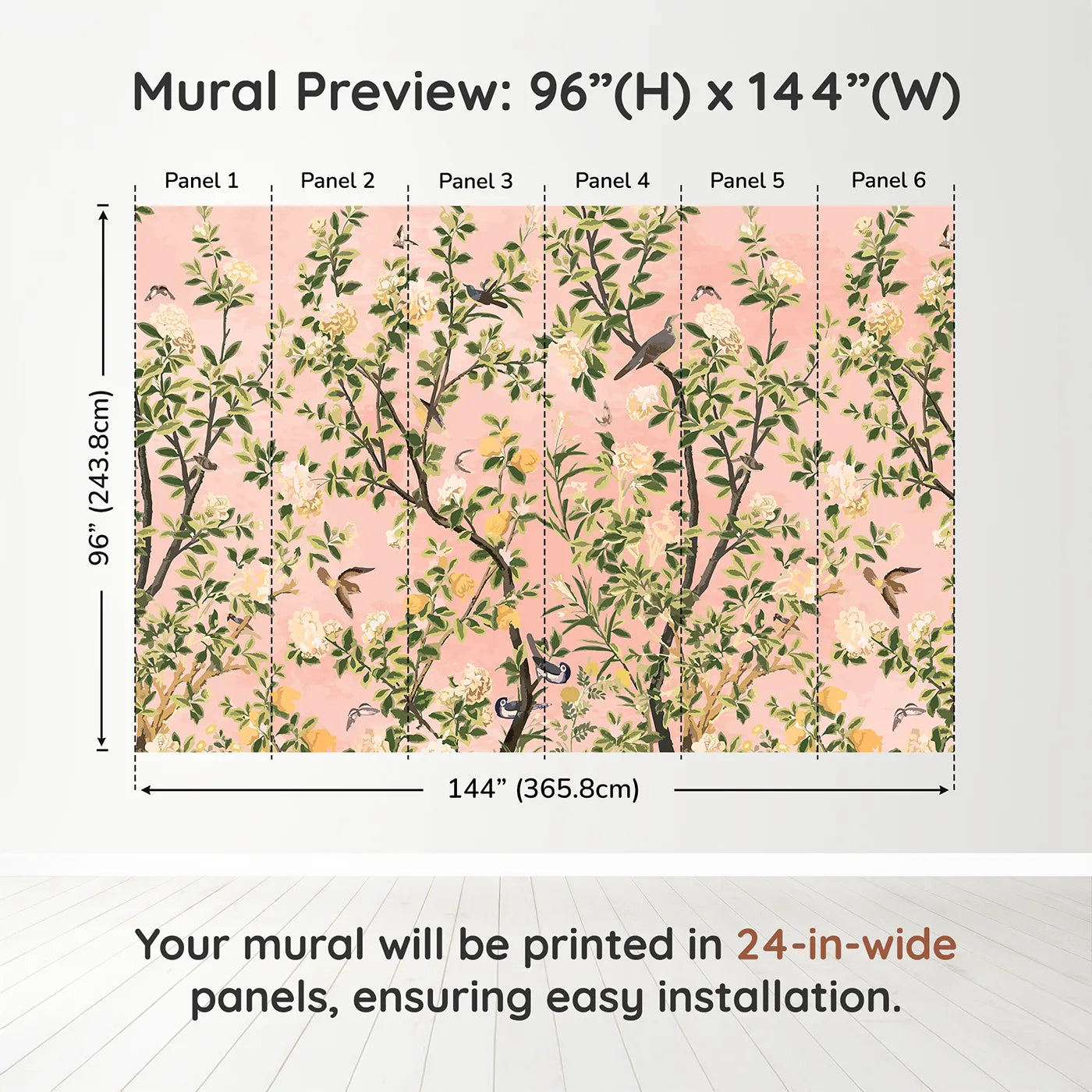 Whimsy Tots Pink Chinoiserie Garden Wall Muraldimension view (96" H x 144" W). Printed in six 24-inch-wide panels. Gender-Neutral