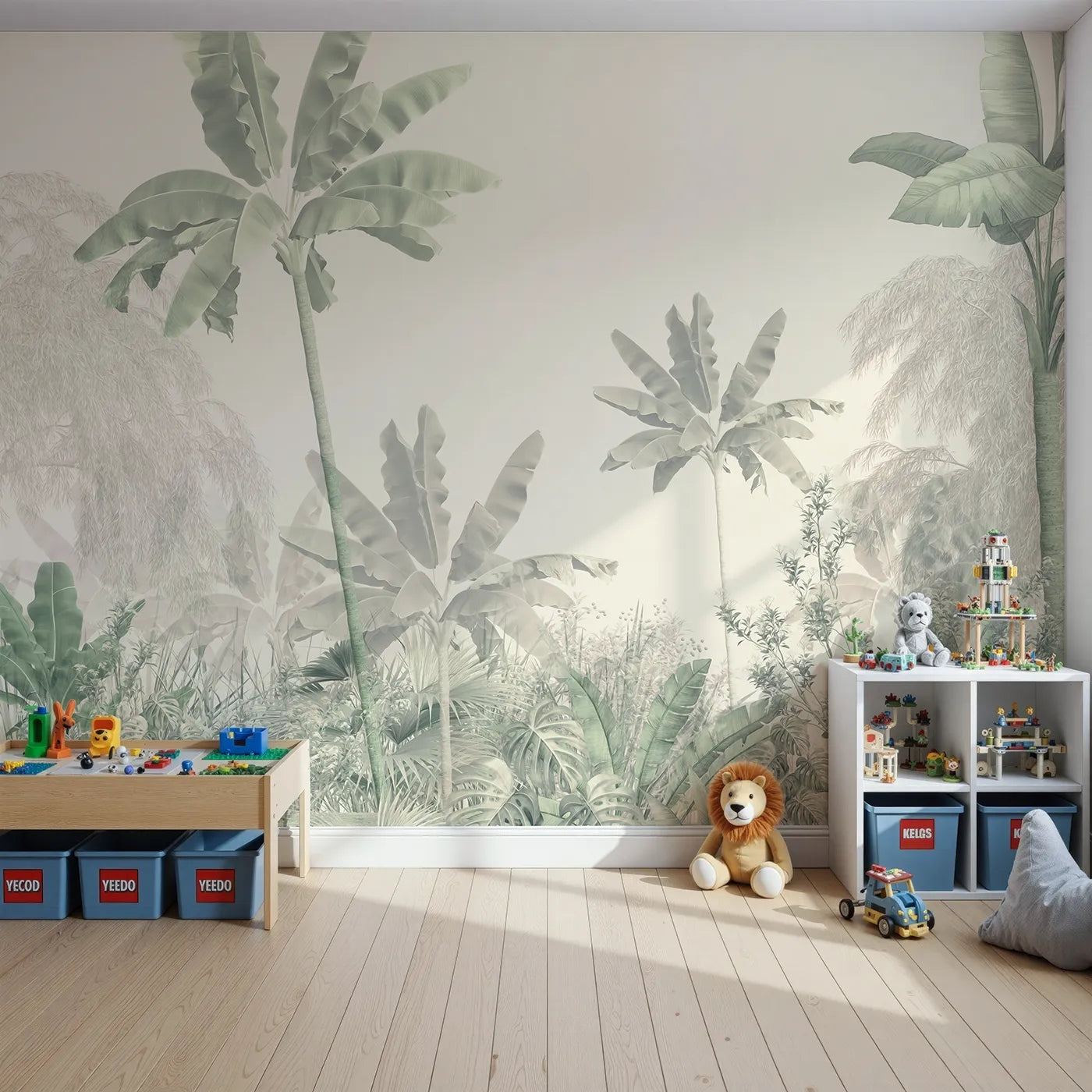 Front view of Whimsy Tots' Misty Green Jungle Panorama Wall Mural