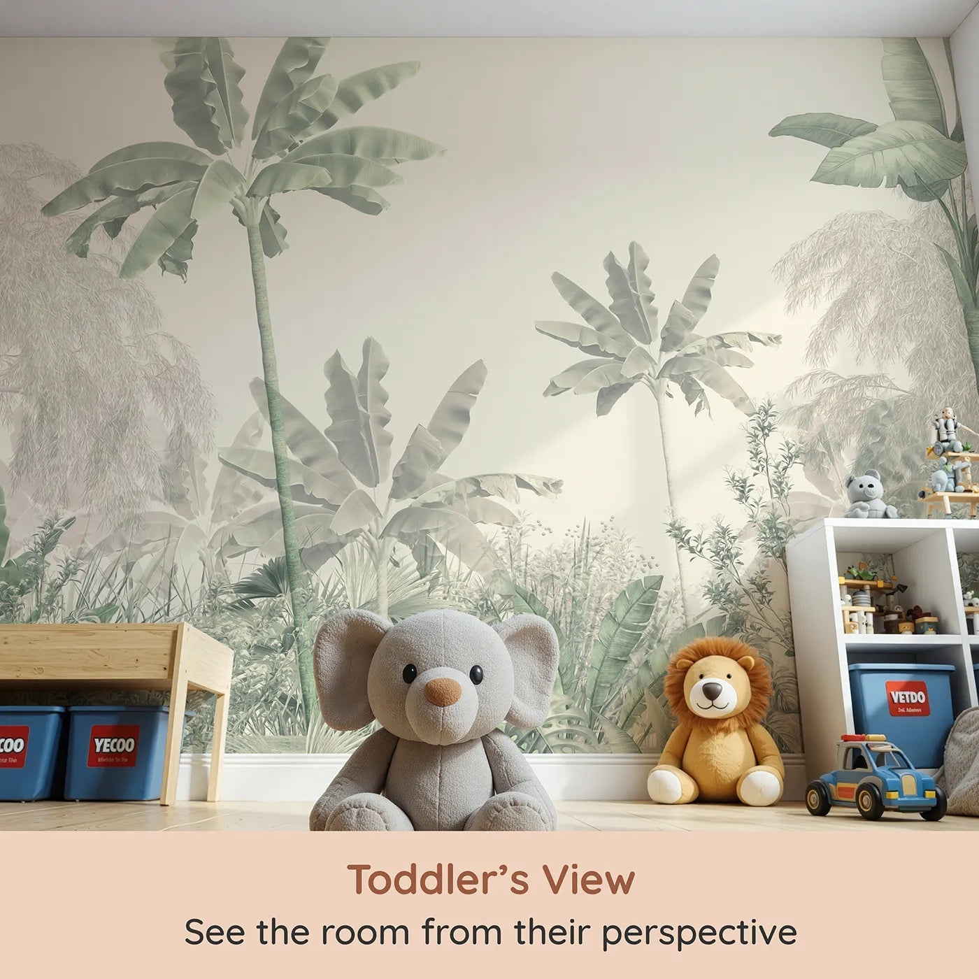 Whimsy Tots Misty Green Jungle Panorama Wall Mural (Turn Their Room into a Lush, Ethereal Rainforest) from your child's view.Gender-Neutral