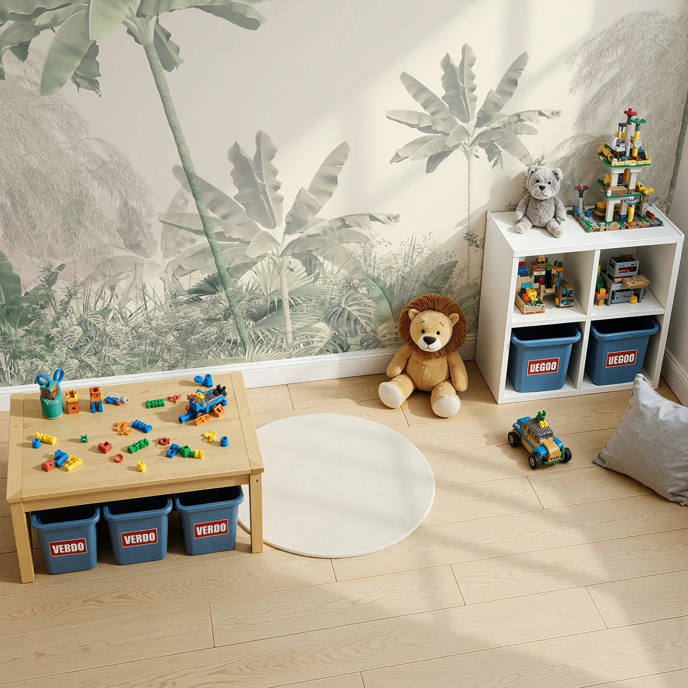 Top-down view of Whimsy Tots' Misty Green Jungle Panorama Wall Mural (Turn Their Room into a Lush, Ethereal Rainforest).Gender-Neutral