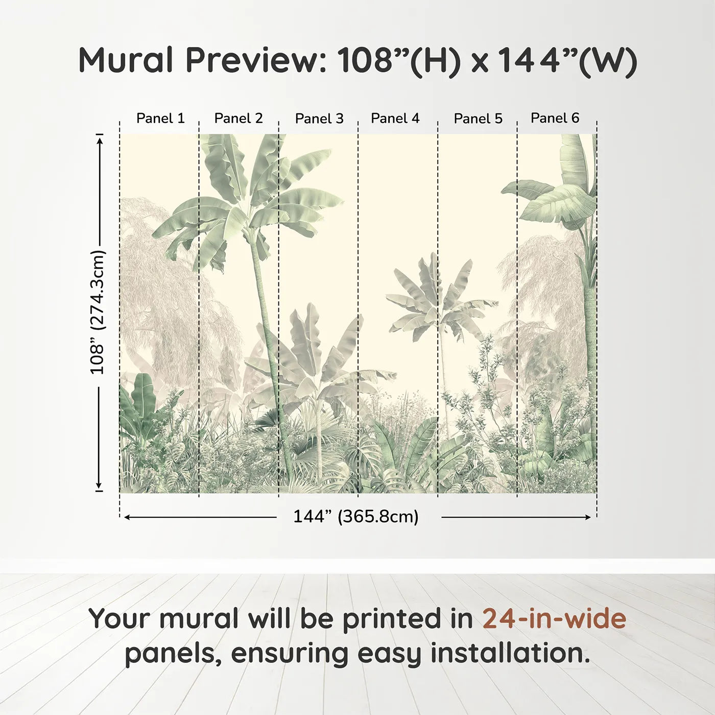 Whimsy Tots Misty Green Jungle Panorama Wall Muraldimension view (108" H x 144" W). Printed in six 24-inch-wide panels. Gender-Neutral