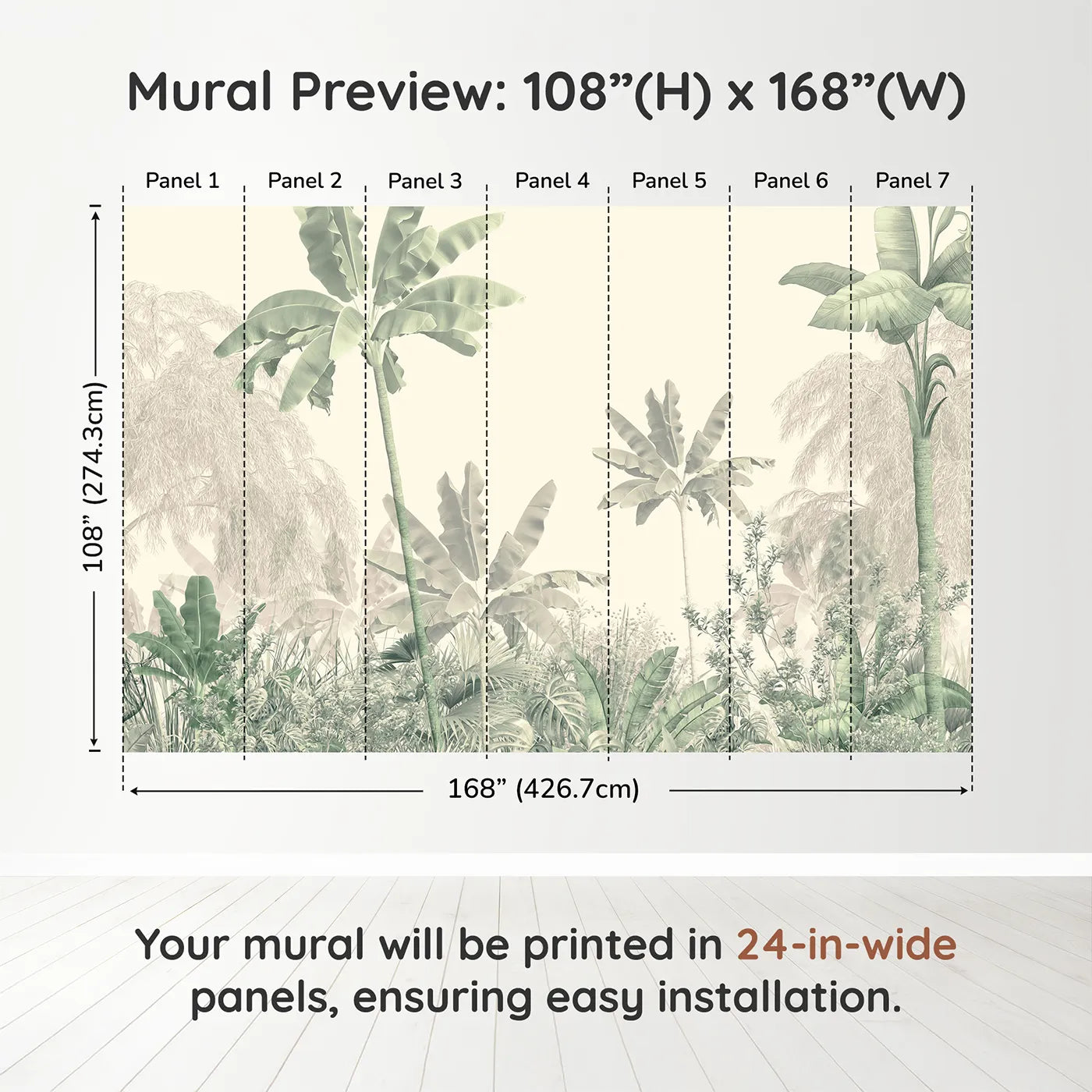 Whimsy Tots Misty Green Jungle Panorama Wall Muraldimension view (108" H x 168" W). Printed in seven 24-inch-wide panels. Gender-Neutral