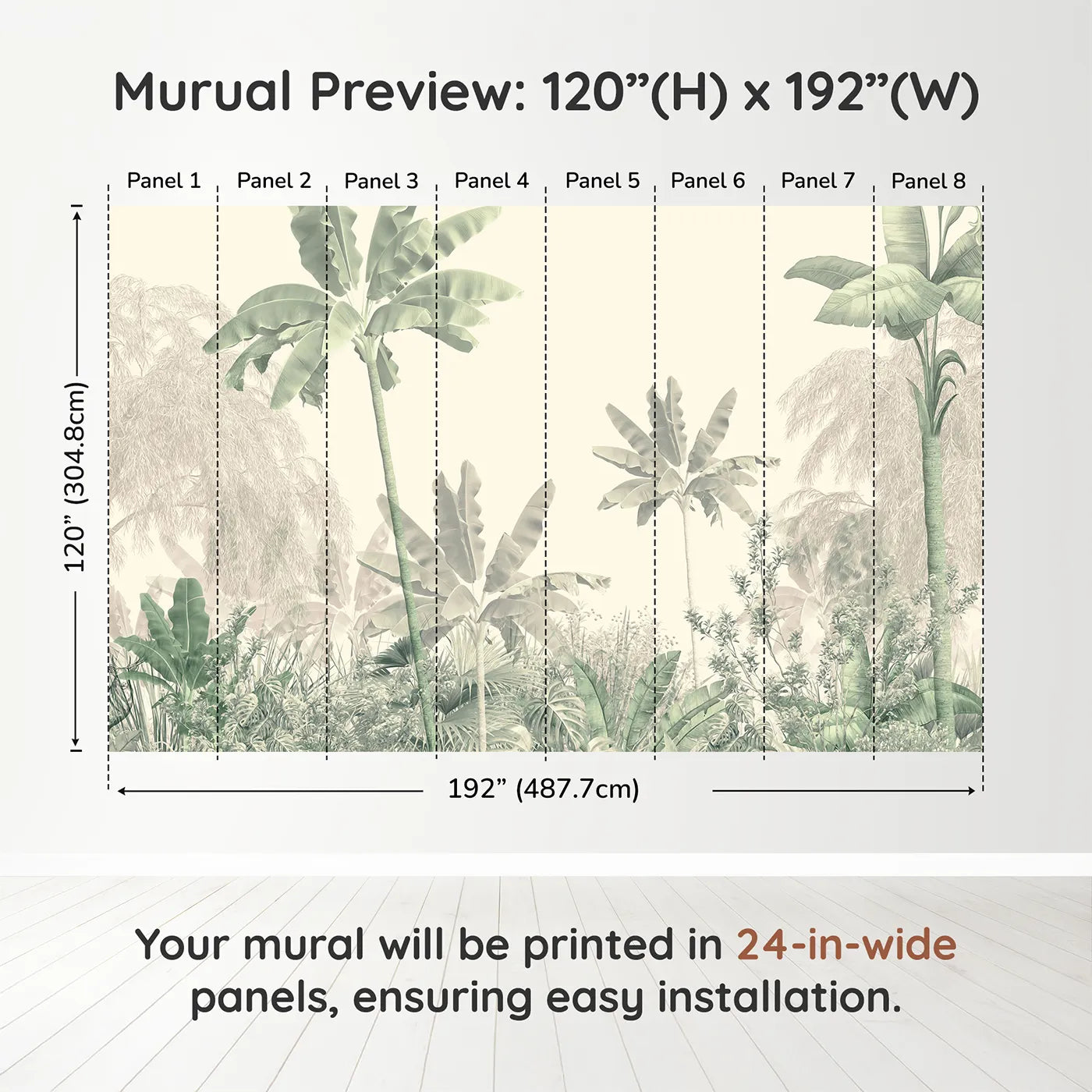 Whimsy Tots Misty Green Jungle Panorama Wall Muraldimension view (120" H x 192" W). Printed in eight 24-inch-wide panels. Gender-Neutral