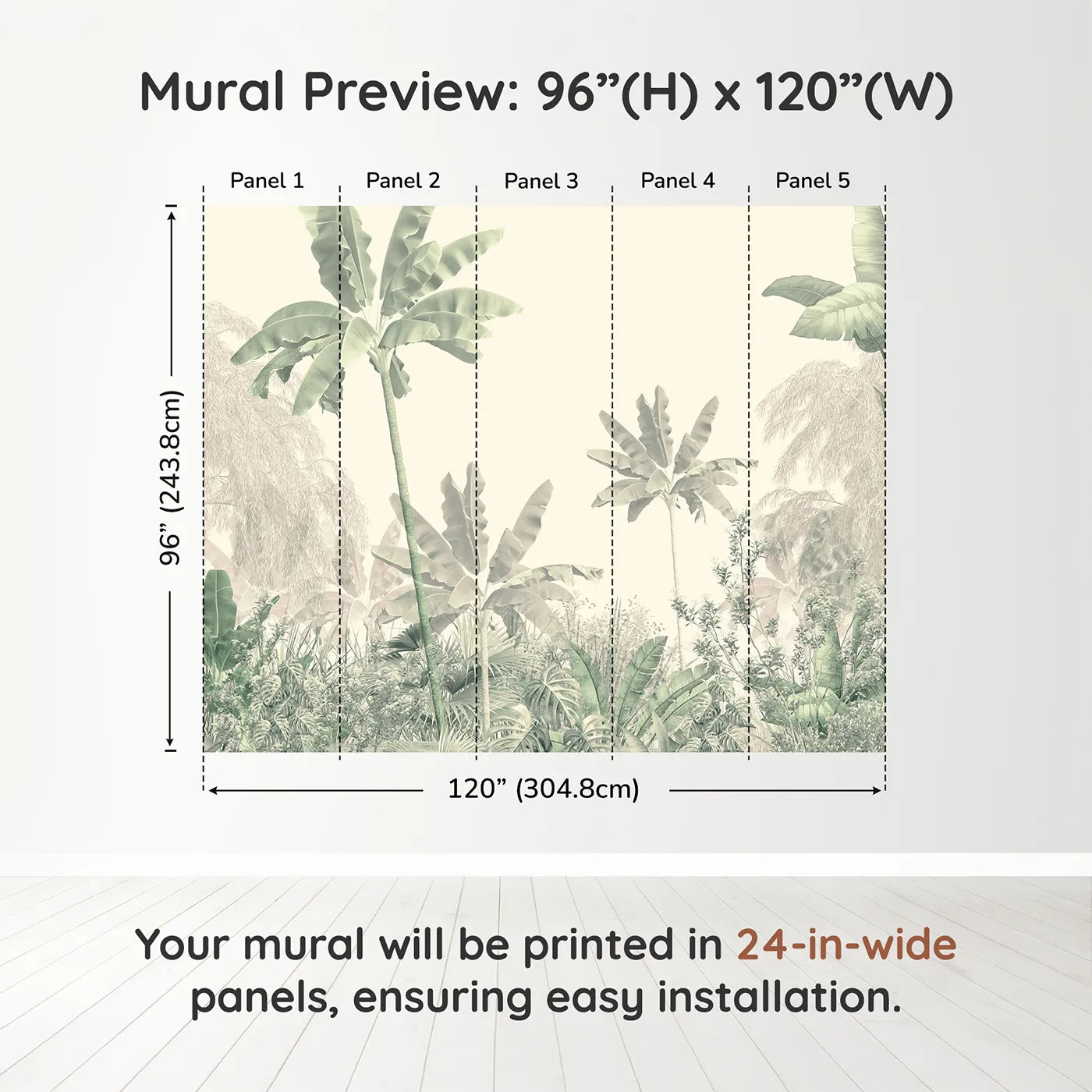 Whimsy Tots Misty Green Jungle Panorama Wall Muraldimension view (96" H x 120" W). Printed in five 24-inch-wide panels. Gender-Neutral