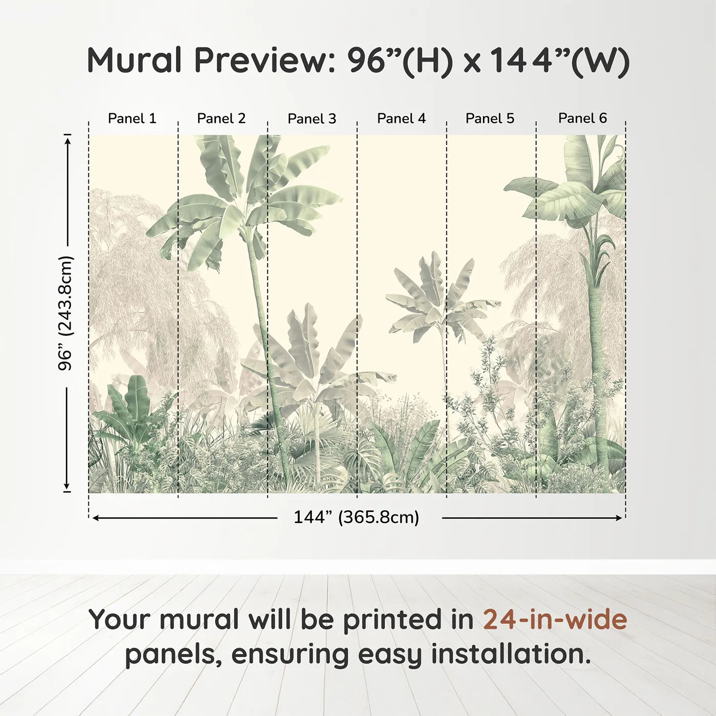 Whimsy Tots Misty Green Jungle Panorama Wall Muraldimension view (96" H x 144" W). Printed in six 24-inch-wide panels. Gender-Neutral