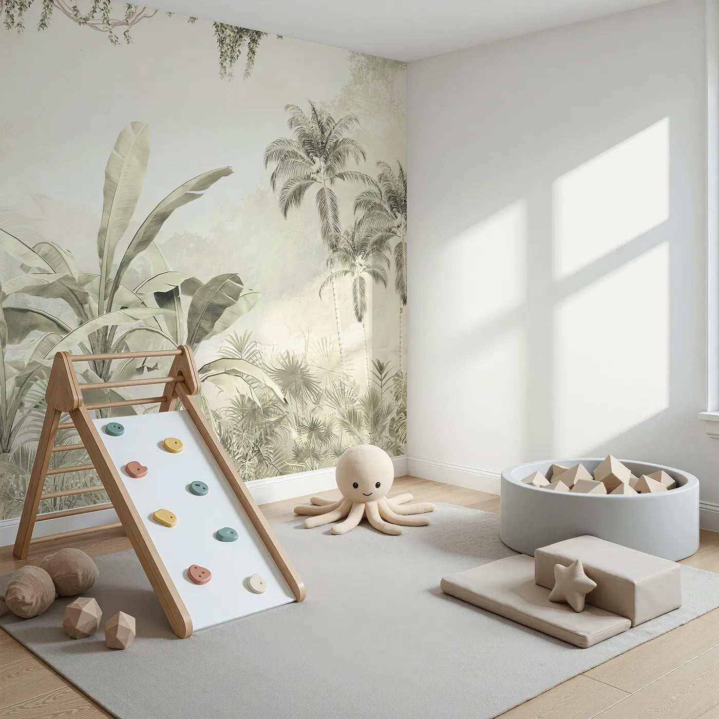 Angled view of Whimsy Tots' Misty Beige Jungle Panorama Wall Mural (Turn Their Room into a Soft and Gentle Tropical Escape).Gender-Neutral