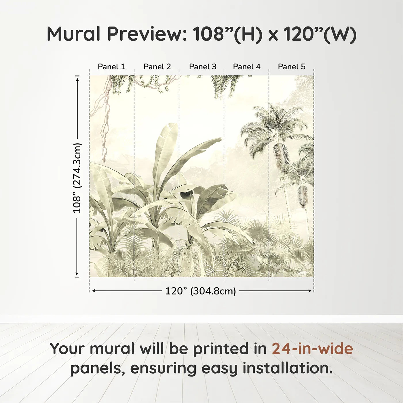 Whimsy Tots Misty Beige Jungle Panorama Wall Muraldimension view (108" H x 120" W). Printed in five 24-inch-wide panels. Gender-Neutral