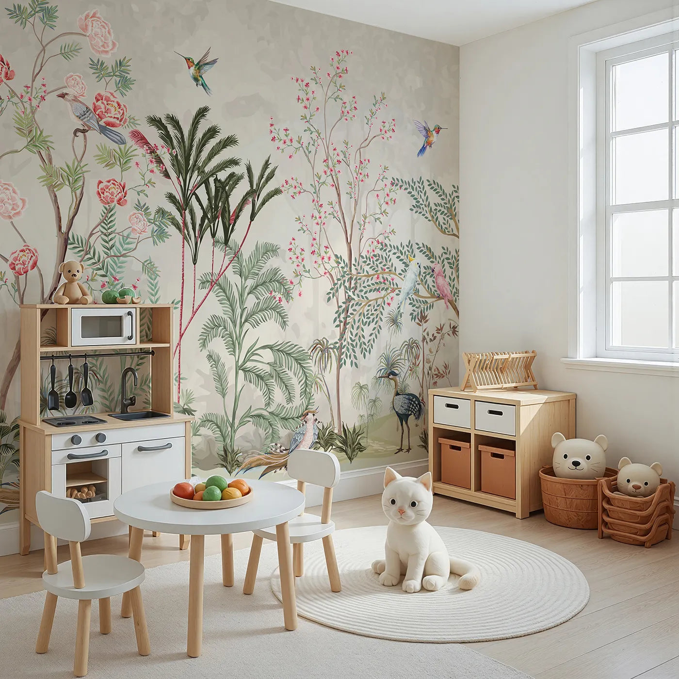 Angled view of Whimsy Tots' Exotic Bird Paradise Wall Mural (Turn Their Room into a Lush, Hand-Painted Paradise).Gender-Neutral