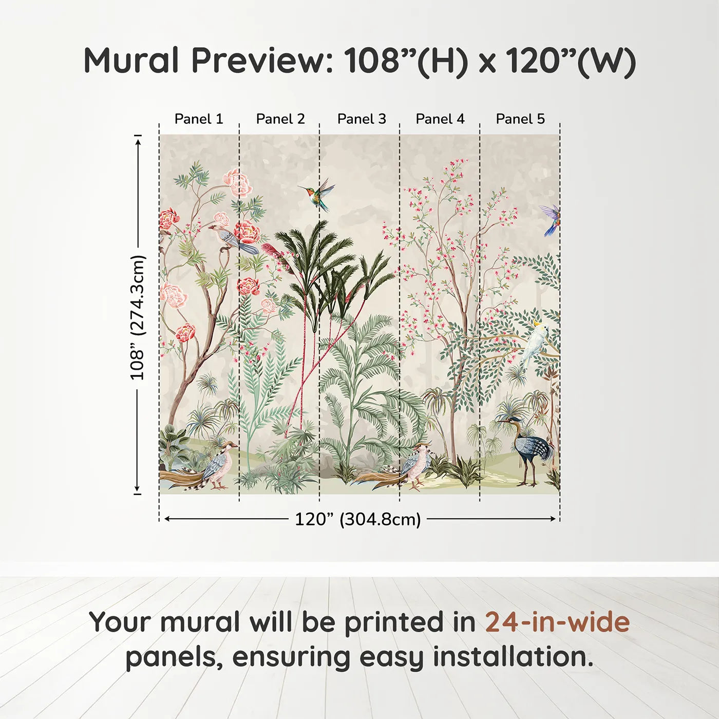 Whimsy Tots Exotic Bird Paradise Wall Muraldimension view (108" H x 120" W). Printed in five 24-inch-wide panels. Gender-Neutral