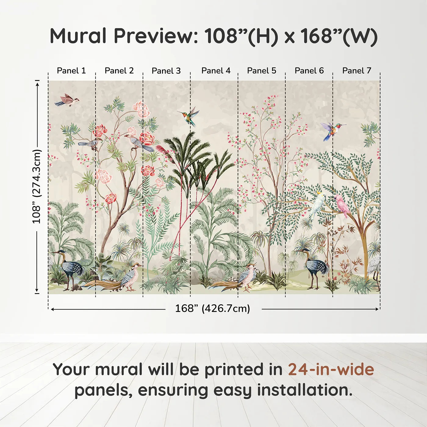 Whimsy Tots Exotic Bird Paradise Wall Muraldimension view (108" H x 168" W). Printed in seven 24-inch-wide panels. Gender-Neutral