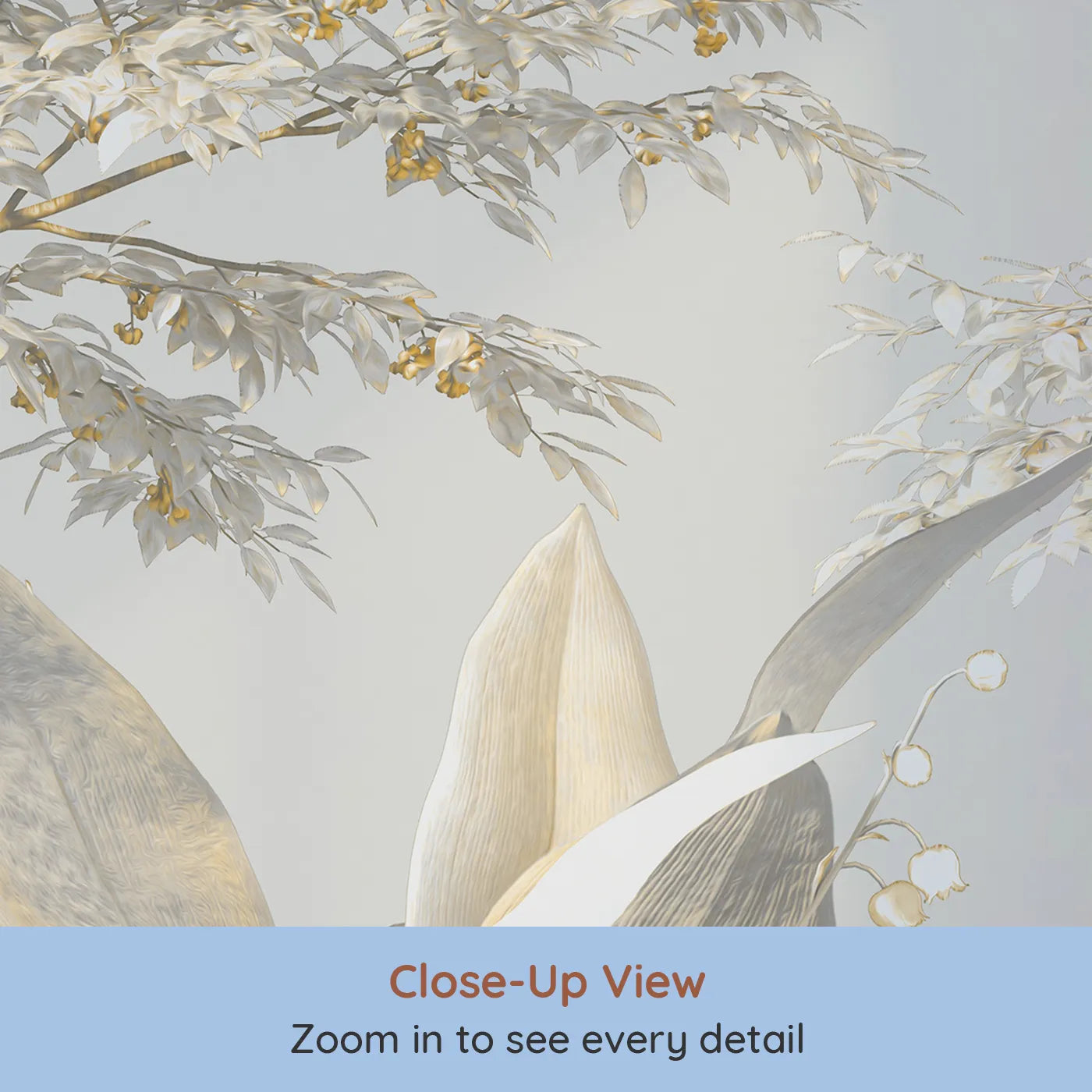 Close-up view of Whimsy Tots' Golden Grove Wall Mural (Turn Their Room into an Ethereal, Sun-Drenched Forest).Gender-Neutral