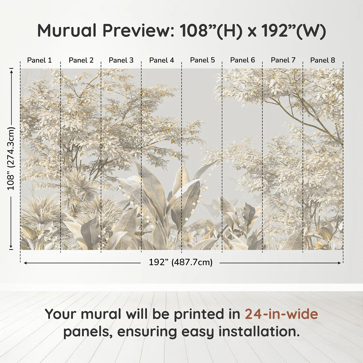 Whimsy Tots Golden Grove Wall Muraldimension view (108" H x 192" W). Printed in eight 24-inch-wide panels. Gender-Neutral