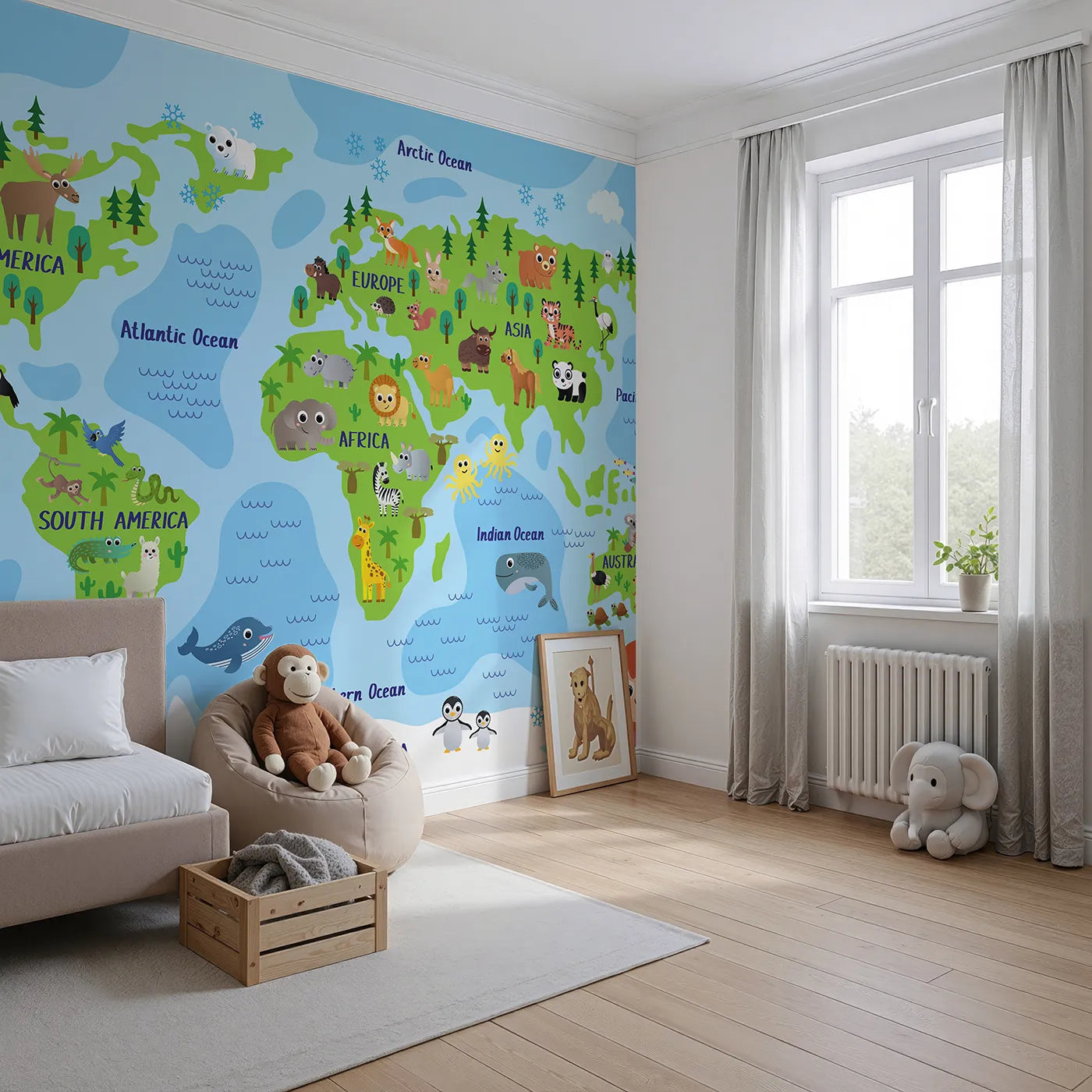 Angled view of Whimsy Tots' Happy Animal World Map Wall Mural (Turn Their Room into a Fun and Friendly Global Tour).Gender-Neutral