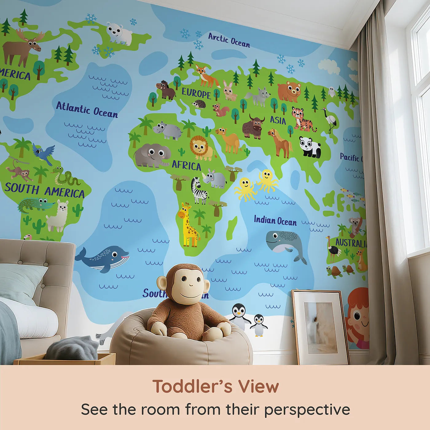 Whimsy Tots Happy Animal World Map Wall Mural (Turn Their Room into a Fun and Friendly Global Tour) from your child's view.Gender-Neutral