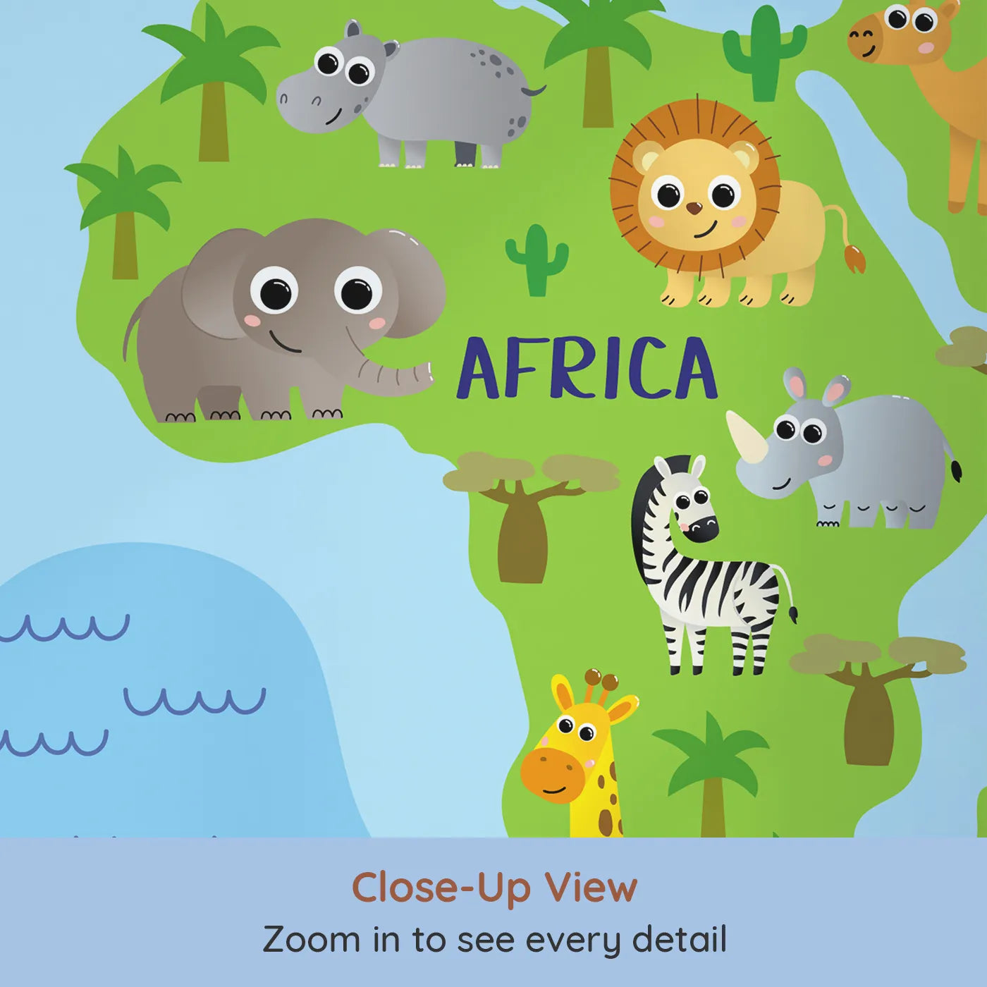 Close-up view of Whimsy Tots' Happy Animal World Map Wall Mural (Turn Their Room into a Fun and Friendly Global Tour).Gender-Neutral
