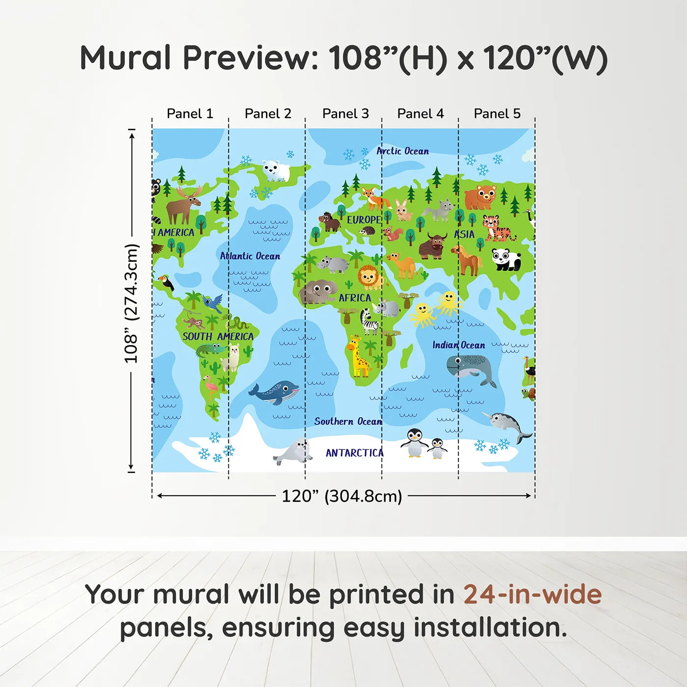 Whimsy Tots Happy Animal World Map Wall Muraldimension view (108" H x 120" W). Printed in five 24-inch-wide panels. Gender-Neutral