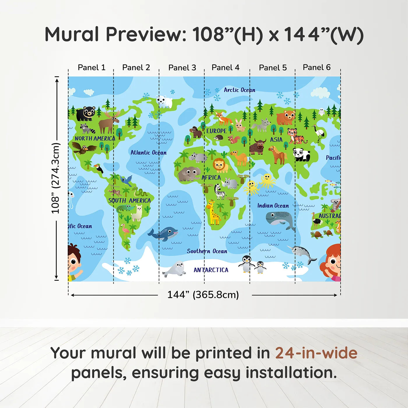 Whimsy Tots Happy Animal World Map Wall Muraldimension view (108" H x 144" W). Printed in six 24-inch-wide panels. Gender-Neutral