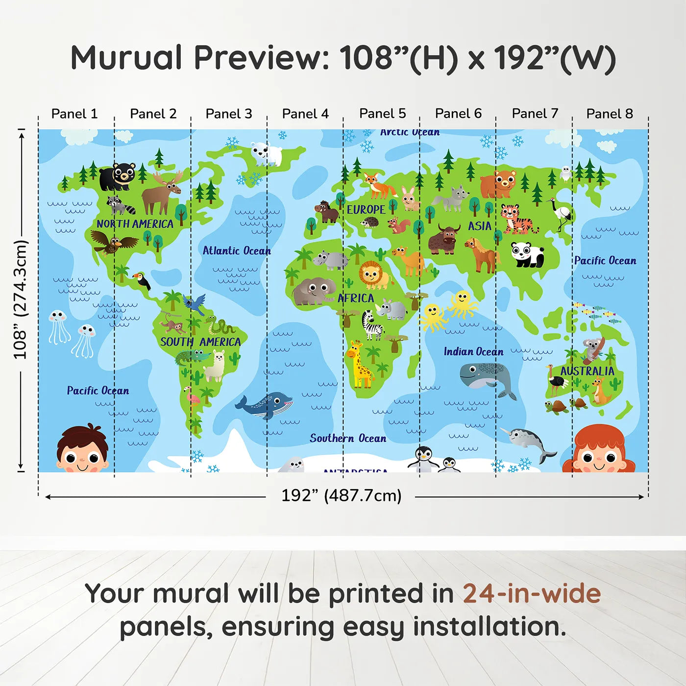 Whimsy Tots Happy Animal World Map Wall Muraldimension view (108" H x 192" W). Printed in eight 24-inch-wide panels. Gender-Neutral