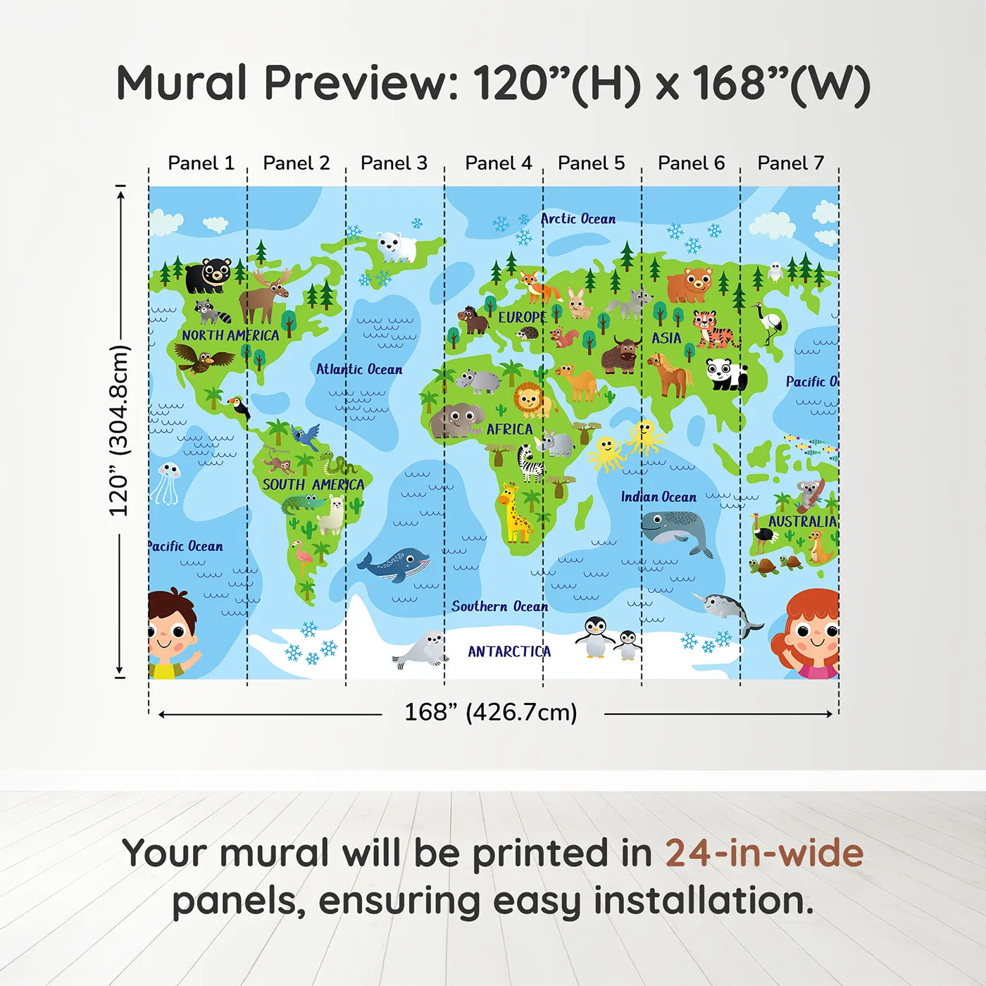 Whimsy Tots Happy Animal World Map Wall Muraldimension view (120" H x 168" W). Printed in seven 24-inch-wide panels. Gender-Neutral