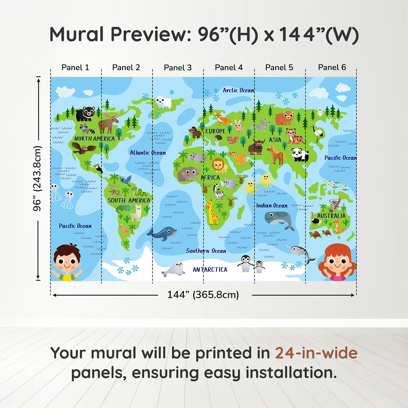 Whimsy Tots Happy Animal World Map Wall Muraldimension view (96" H x 144" W). Printed in six 24-inch-wide panels. Gender-Neutral