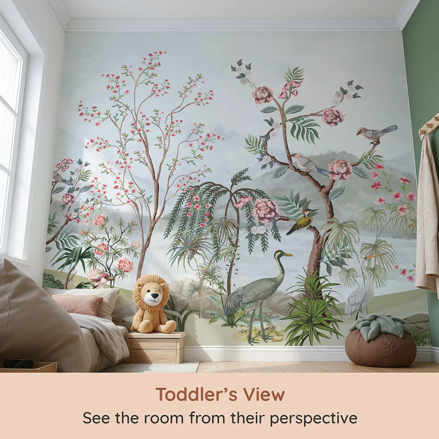 Whimsy Tots Chinoiserie Mountain Garden Wall Mural (Turn Their Room into an Elegant, Hand-Painted Paradise) from your child's view.Gender-Neutral