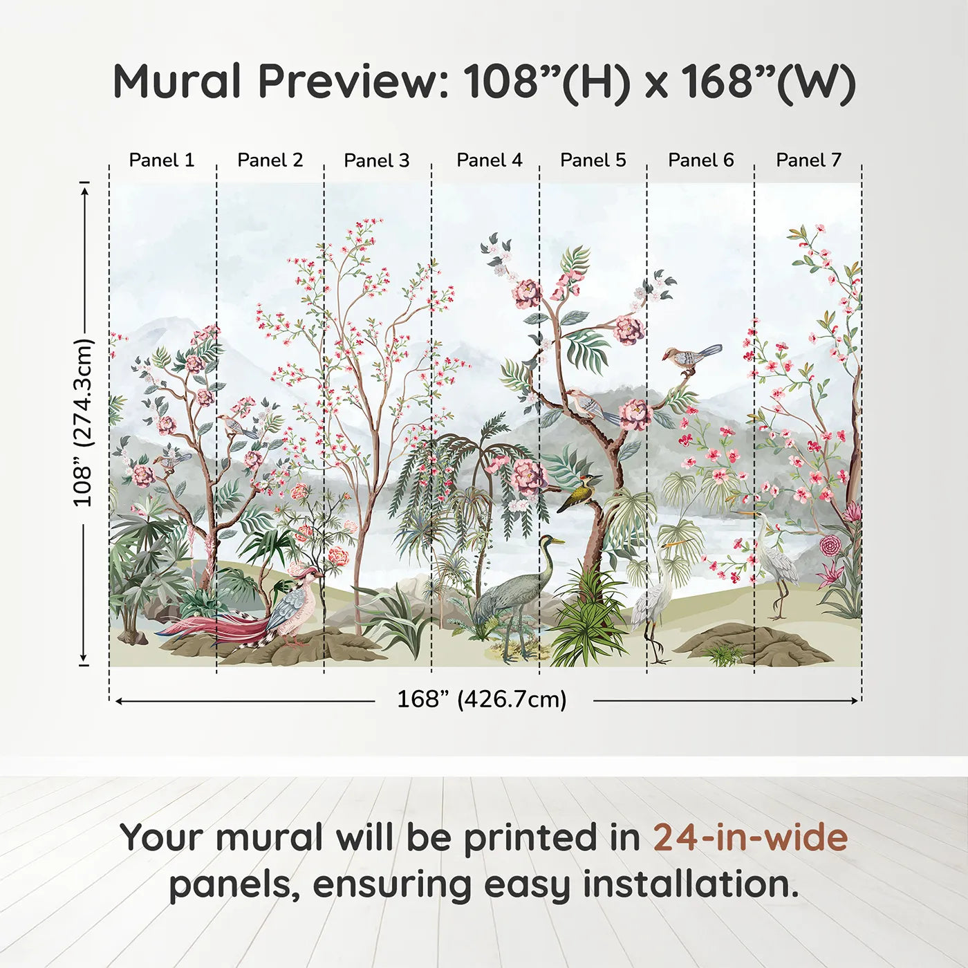 Whimsy Tots Chinoiserie Mountain Garden Wall Muraldimension view (108" H x 168" W). Printed in seven 24-inch-wide panels. Gender-Neutral