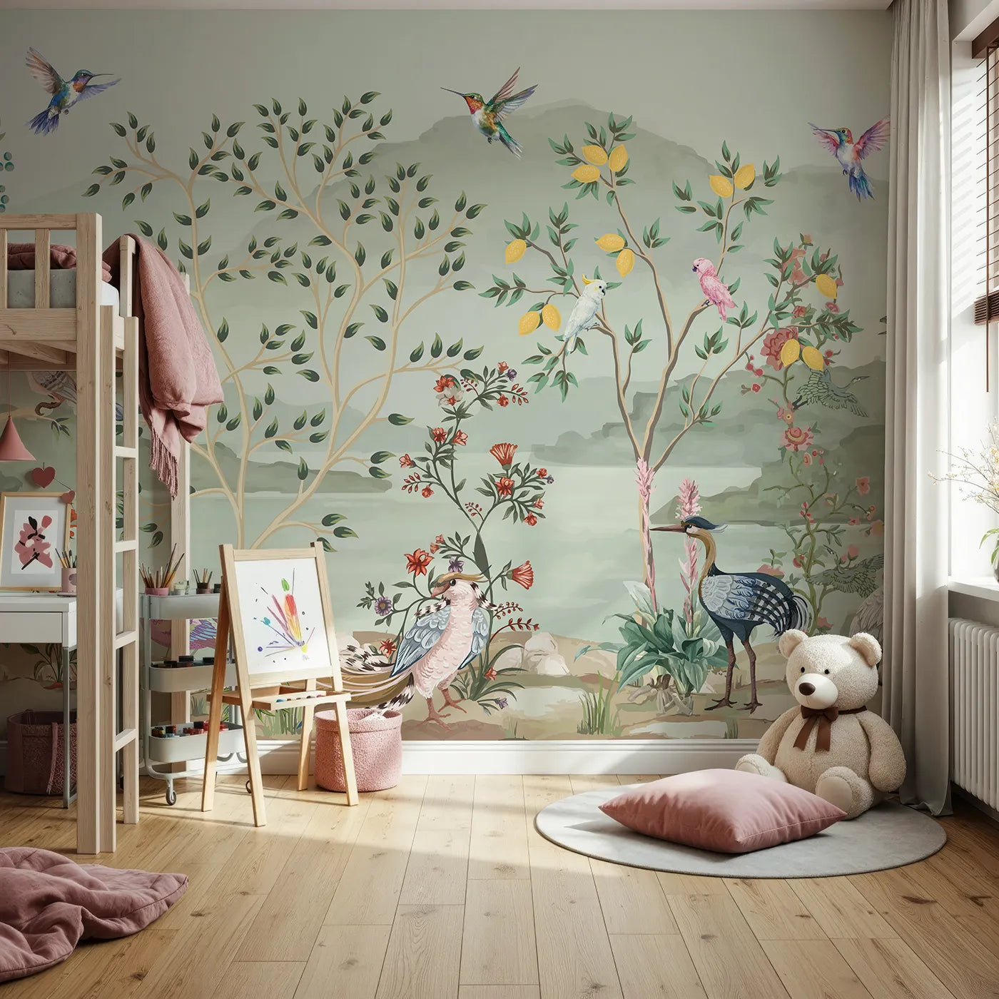 Front view of Whimsy Tots' Exotic Bird Paradise Wall Mural in Color