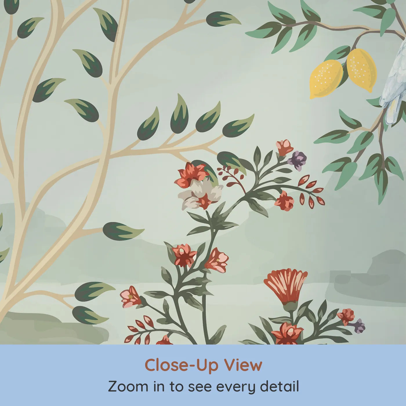 Close-up view of Whimsy Tots' Exotic Bird Paradise Wall Mural in Color (Turn Their Room into a Lush, Hand-Painted Paradise).Gender-Neutral