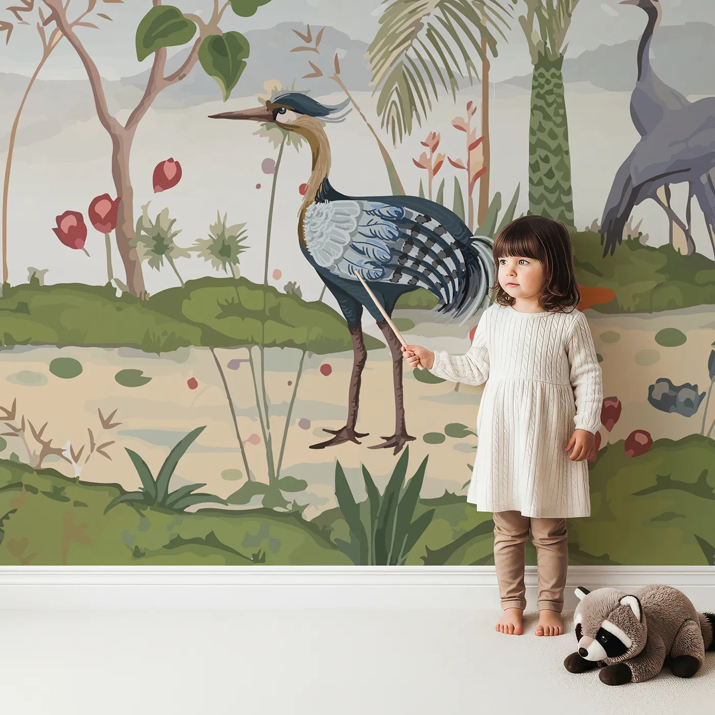 Child in front of Whimsy Tots Exotic Bird Gathering Wall Mural with chinoiserie, vintage, floral, bird, exotic, tropical, classic, elegant in design.
