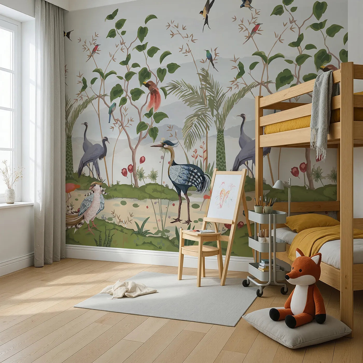 Angled view of Whimsy Tots' Exotic Bird Gathering Wall Mural (Turn Their Room into a Lush, Hand-Painted Paradise).Gender-Neutral