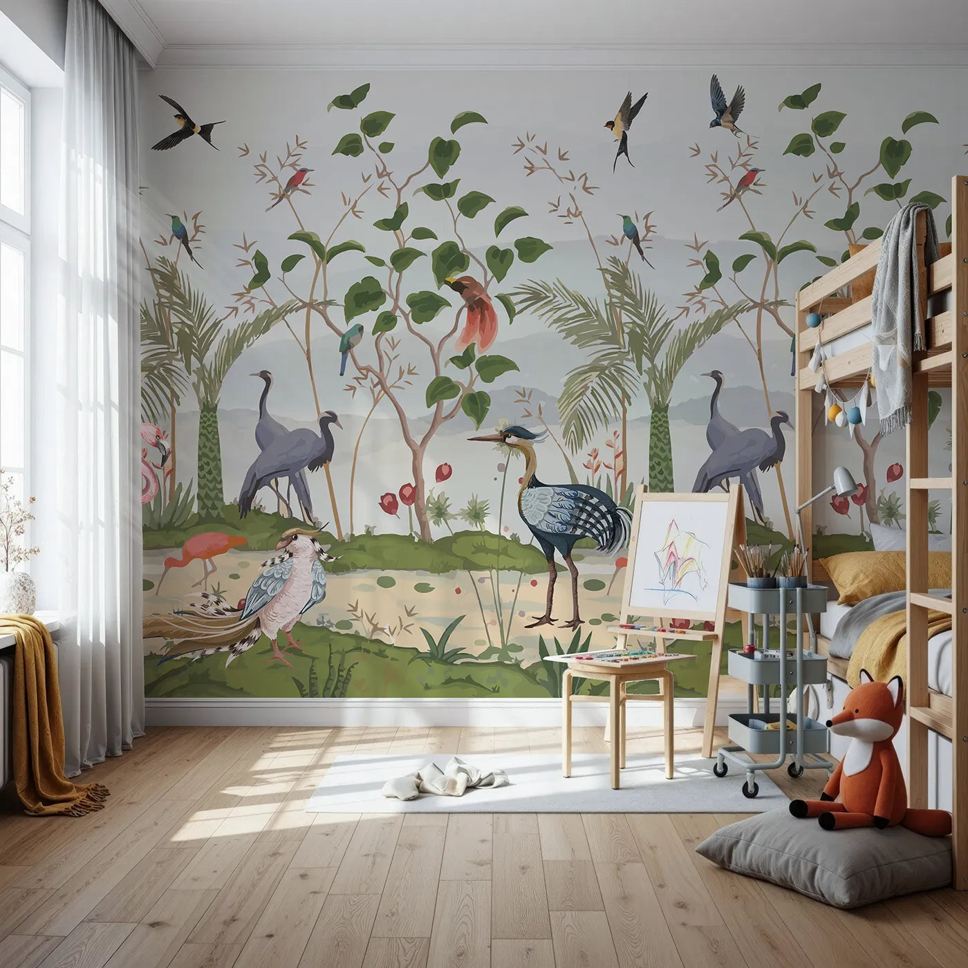 Front view of Whimsy Tots' Exotic Bird Gathering Wall Mural