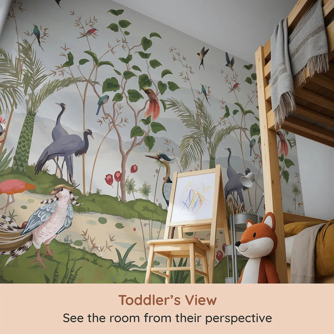 Whimsy Tots Exotic Bird Gathering Wall Mural (Turn Their Room into a Lush, Hand-Painted Paradise) from your child's view.Gender-Neutral
