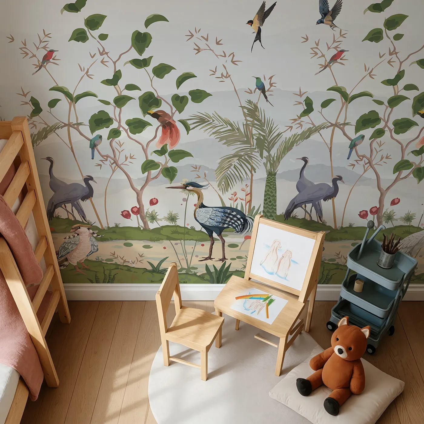 Top-down view of Whimsy Tots' Exotic Bird Gathering Wall Mural (Turn Their Room into a Lush, Hand-Painted Paradise).Gender-Neutral