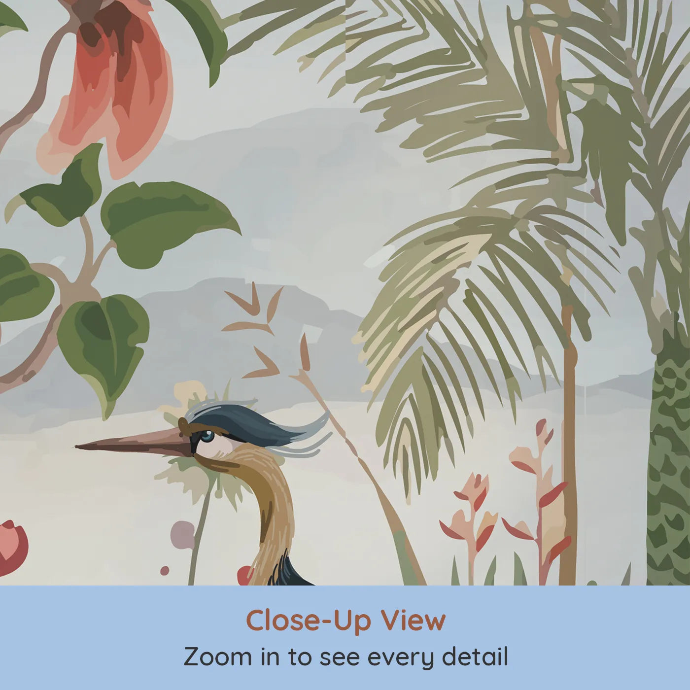 Close-up view of Whimsy Tots' Exotic Bird Gathering Wall Mural (Turn Their Room into a Lush, Hand-Painted Paradise).Gender-Neutral