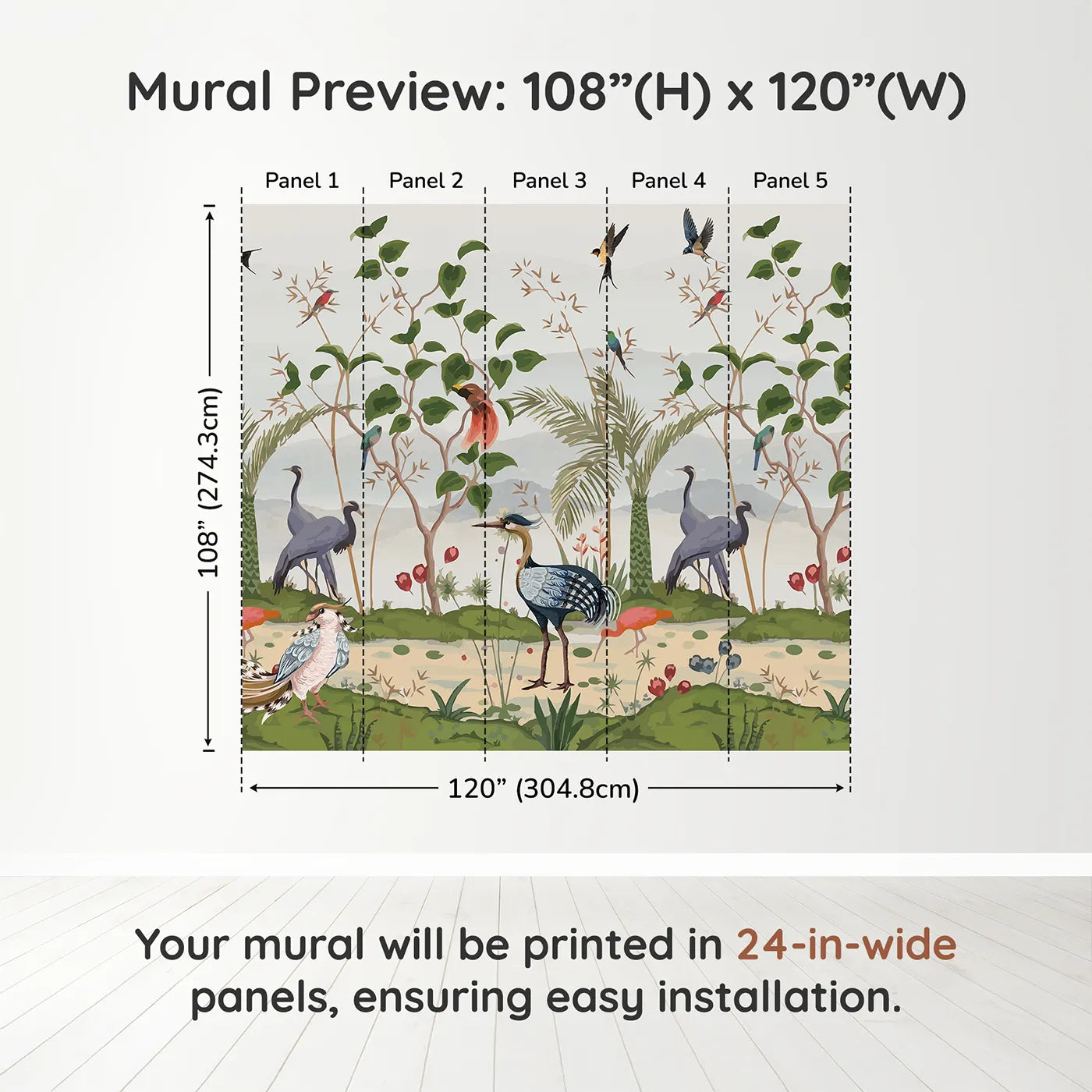 Whimsy Tots Exotic Bird Gathering Wall Muraldimension view (108" H x 120" W). Printed in five 24-inch-wide panels. Gender-Neutral