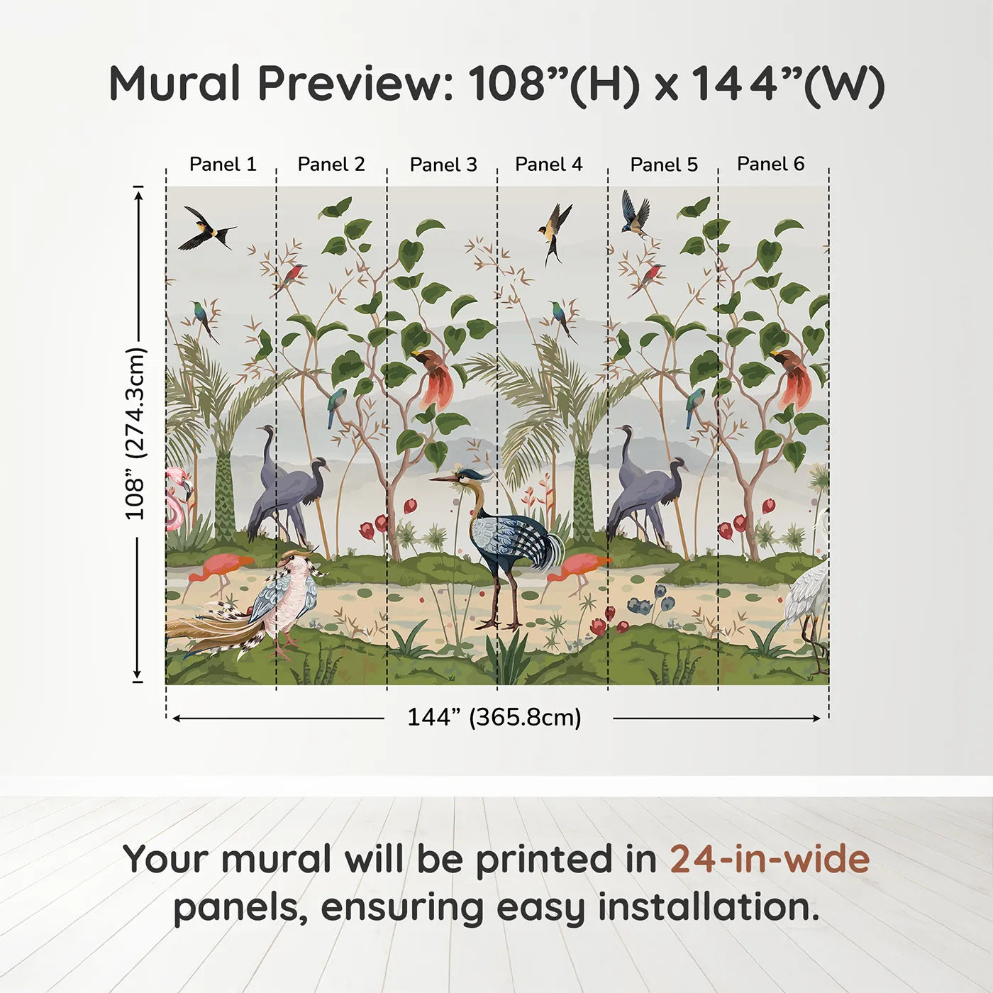 Whimsy Tots Exotic Bird Gathering Wall Muraldimension view (108" H x 144" W). Printed in six 24-inch-wide panels. Gender-Neutral