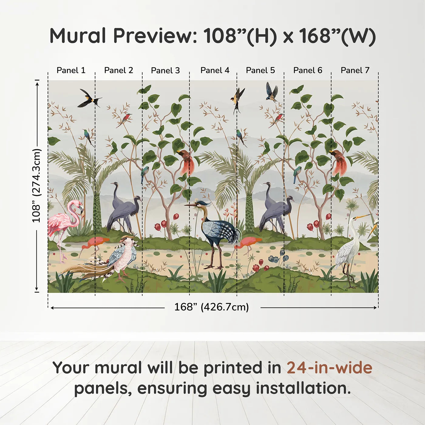 Whimsy Tots Exotic Bird Gathering Wall Muraldimension view (108" H x 168" W). Printed in seven 24-inch-wide panels. Gender-Neutral