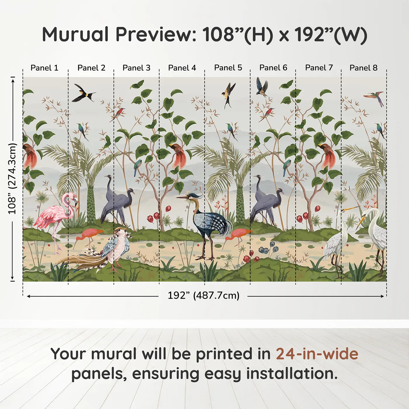 Whimsy Tots Exotic Bird Gathering Wall Muraldimension view (108" H x 192" W). Printed in eight 24-inch-wide panels. Gender-Neutral