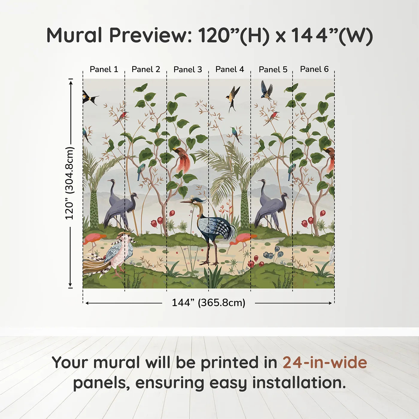 Whimsy Tots Exotic Bird Gathering Wall Muraldimension view (120" H x 144" W). Printed in six 24-inch-wide panels. Gender-Neutral