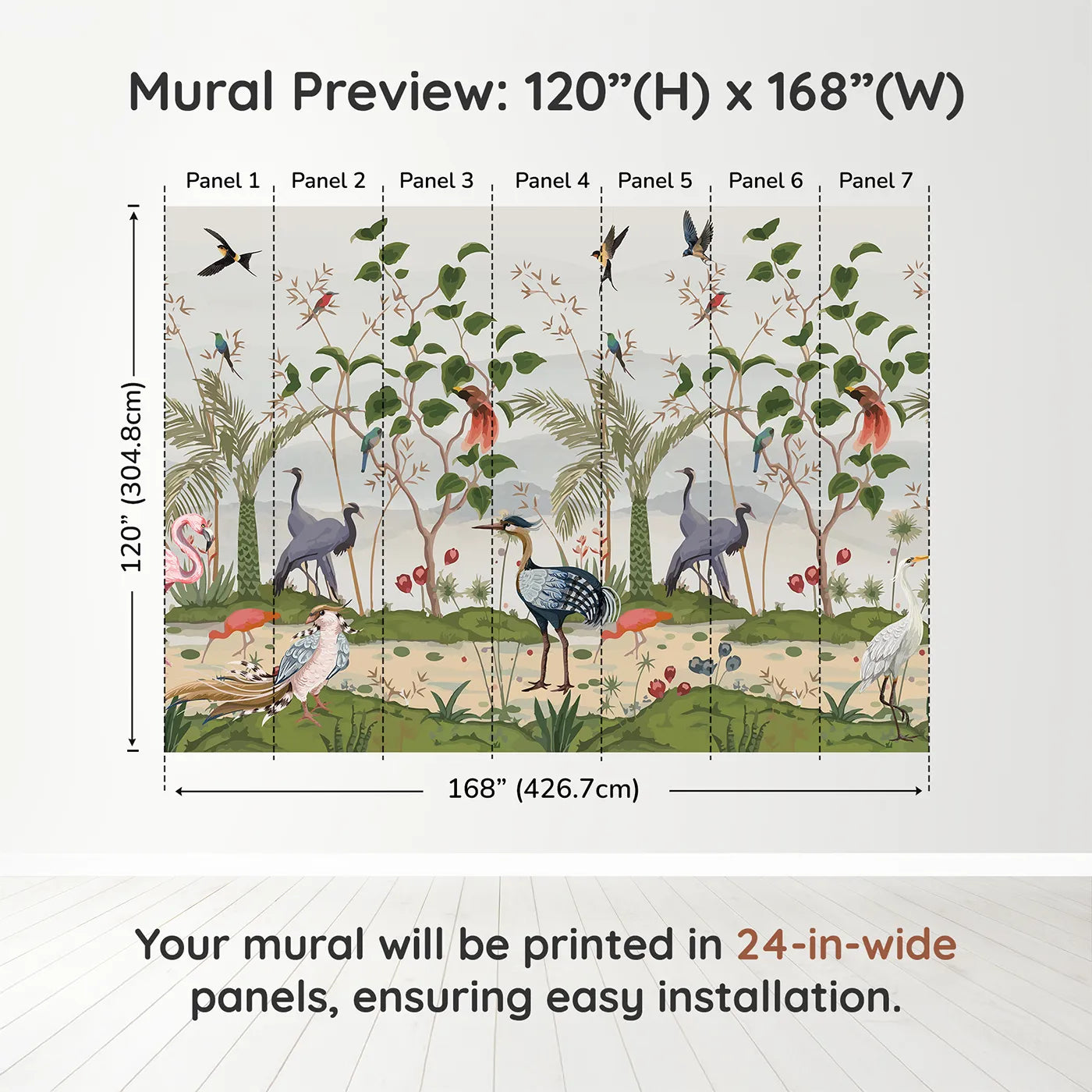 Whimsy Tots Exotic Bird Gathering Wall Muraldimension view (120" H x 168" W). Printed in seven 24-inch-wide panels. Gender-Neutral