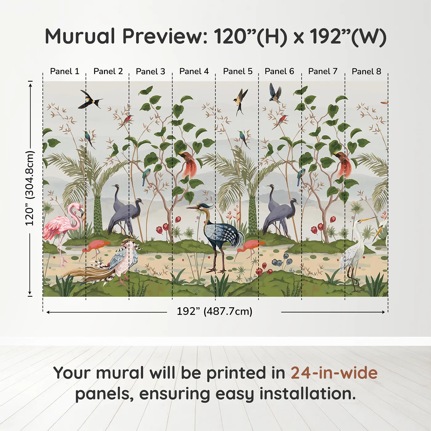 Whimsy Tots Exotic Bird Gathering Wall Muraldimension view (120" H x 192" W). Printed in eight 24-inch-wide panels. Gender-Neutral