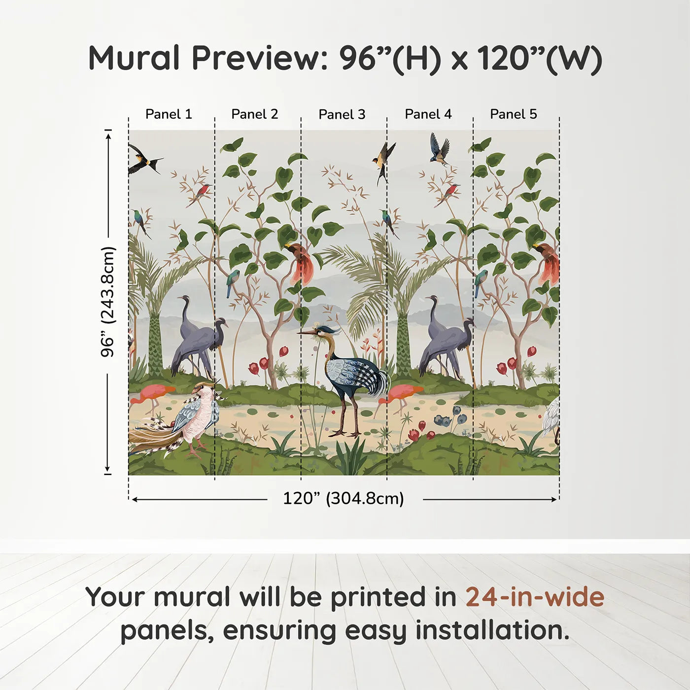 Whimsy Tots Exotic Bird Gathering Wall Muraldimension view (96" H x 120" W). Printed in five 24-inch-wide panels. Gender-Neutral