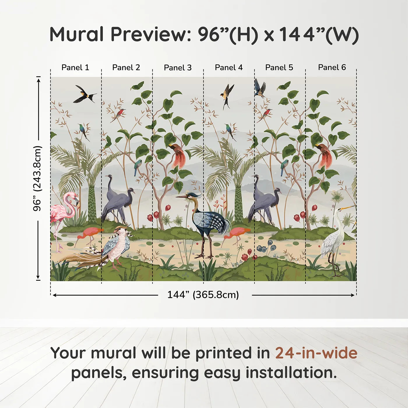 Whimsy Tots Exotic Bird Gathering Wall Muraldimension view (96" H x 144" W). Printed in six 24-inch-wide panels. Gender-Neutral